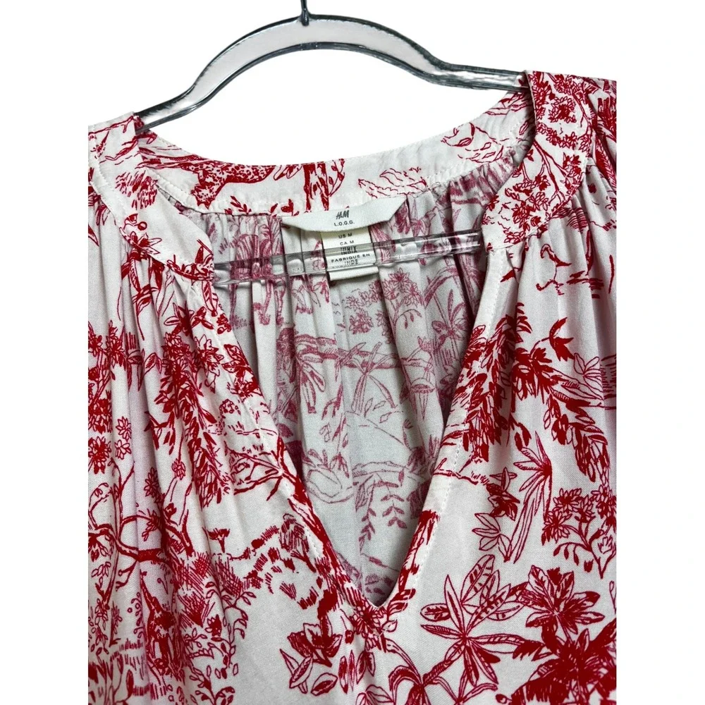 HM LOGG Red White Tropical Toile Tiered Midi Dress‎ V-Neck Drawstring Medium